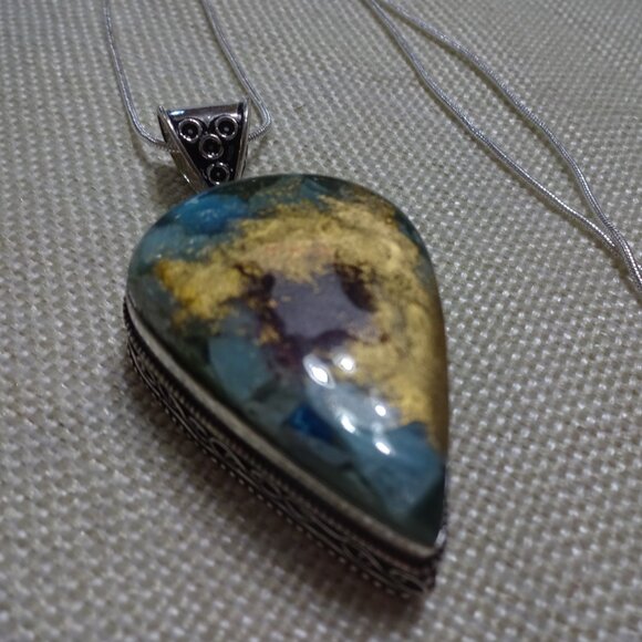 Gorgeous OYSTER TURQUOISE Handmade Sterling 925 Pendant/Chain #81C - Picture 2 of 3